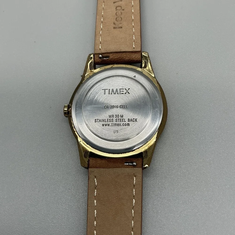 Timex Indiglo Mens Watch 36mm Gold Tone Day Date Brown Leather New Battery
